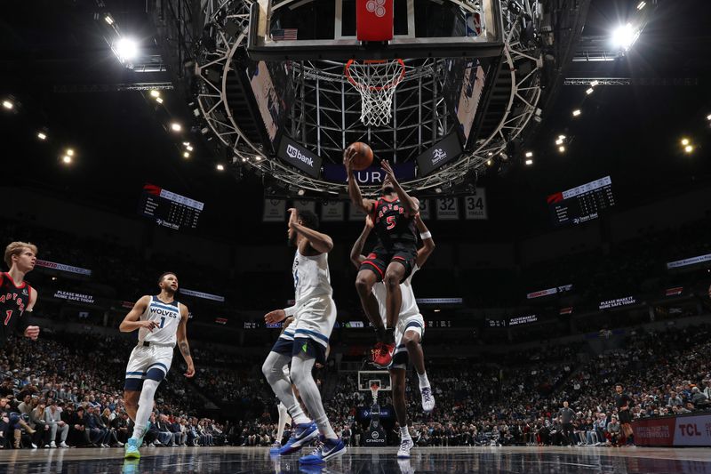 MINNEAPOLIS, MN -  APRIL 3: Immanuel Quickley #5 of the Toronto Raptors shoots the ball during the game against the Minnesota Timberwolves on April 3, 2024 at Target Center in Minneapolis, Minnesota. NOTE TO USER: User expressly acknowledges and agrees that, by downloading and or using this Photograph, user is consenting to the terms and conditions of the Getty Images License Agreement. Mandatory Copyright Notice: Copyright 2024 NBAE (Photo by Jordan Johnson/NBAE via Getty Images)