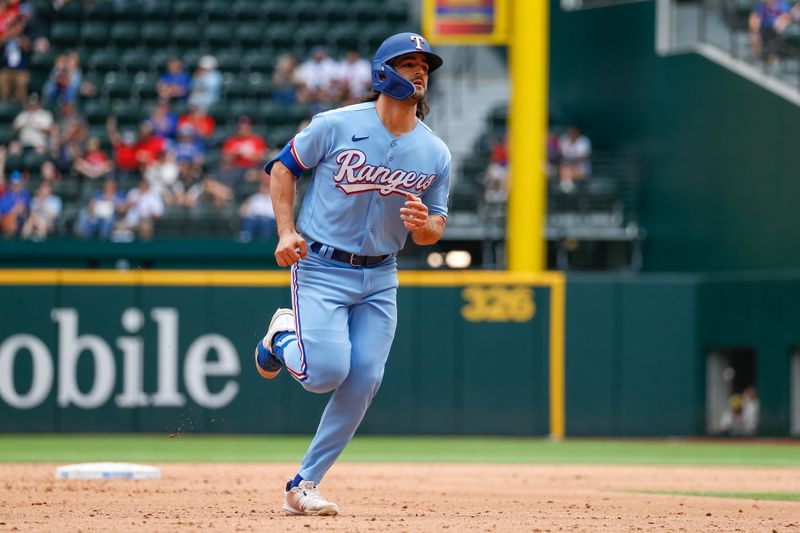 May 21, 2023; Arlington, Texas, USA; Texas Rangers shortstop Josh Smith (47) rounds the bases after hitting a home run during the eighth inning against the Colorado Rockies at Globe Life Field. Mandatory Credit: Andrew Dieb-USA TODAY Sports