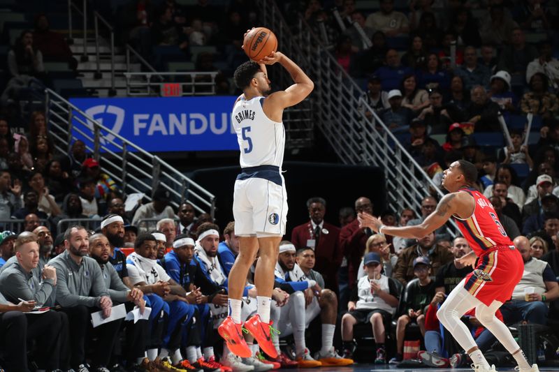 NEW ORLEANS, LA - JANUARY 29: Quentin Grimes #5 of the Dallas Mavericks shoots a three point basket during the game against the New Orleans Pelicans on January 29, 2025 at the Smoothie King Center in New Orleans, Louisiana. NOTE TO USER: User expressly acknowledges and agrees that, by downloading and or using this Photograph, user is consenting to the terms and conditions of the Getty Images License Agreement. Mandatory Copyright Notice: Copyright 2025 NBAE (Photo by Layne Murdoch Jr./NBAE via Getty Images)