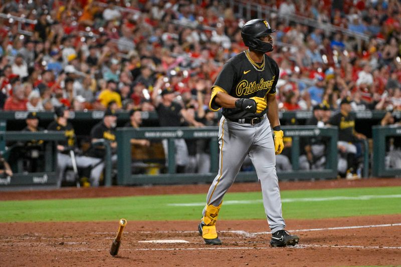 Sep 2, 2023; St. Louis, Missouri, USA;  Pittsburgh Pirates pinch hitter Joshua Palacios (54) flips his bat after hitting a go ahead two run home run against the St. Louis Cardinals during the ninth inning at Busch Stadium. Mandatory Credit: Jeff Curry-USA TODAY Sports