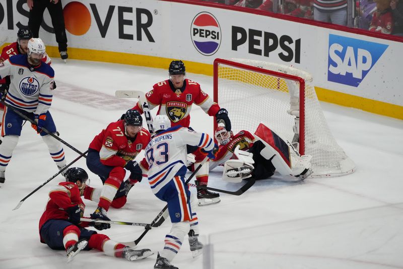 Jun 24, 2024; Sunrise, Florida, USA; Florida Panthers goaltender Sergei Bobrovsky (72) defends against Edmonton Oilers during the third period in game seven of the 2024 Stanley Cup Final at Amerant Bank Arena. Mandatory Credit: Jim Rassol-USA TODAY Sports