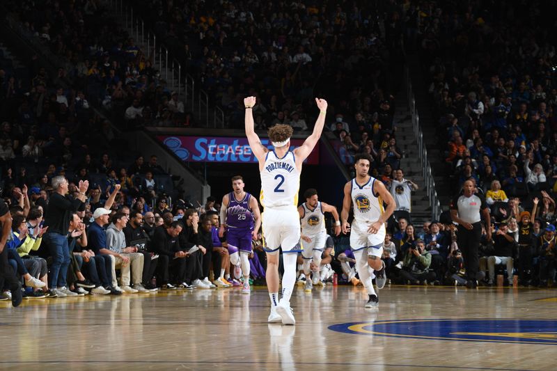SAN FRANCISCO, CA - APRIL 14: Brandin Podziemski #2 of the Golden State Warriors celebrates during the game against the Utah Jazz on April 14, 2024 at Chase Center in San Francisco, California. NOTE TO USER: User expressly acknowledges and agrees that, by downloading and or using this photograph, user is consenting to the terms and conditions of Getty Images License Agreement. Mandatory Copyright Notice: Copyright 2024 NBAE (Photo by Noah Graham/NBAE via Getty Images)