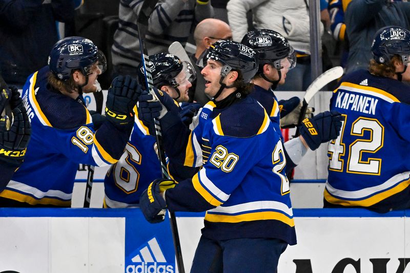 Mar 25, 2024; St. Louis, Missouri, USA;  St. Louis Blues left wing Brandon Saad (20) is congratulated by teammates after scoring the game tying goal against the Vegas Golden Knights during the third period at Enterprise Center. Mandatory Credit: Jeff Curry-USA TODAY Sports