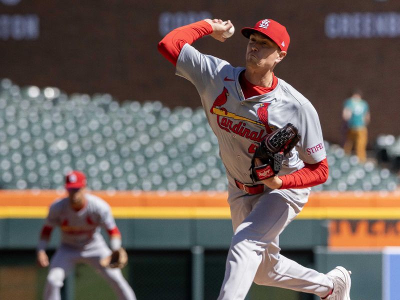 Apr 30, 2024; Detroit, Michigan, USA; St. Louis Cardinals starting pitcher Kyle Gibson (44) delivers in the first inning against the Detroit Tigers at Comerica Park. Mandatory Credit: David Reginek-USA TODAY Sports