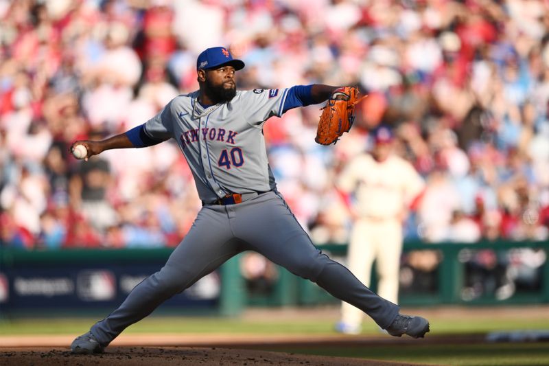 Oct 6, 2024; Philadelphia, Pennsylvania, USA; New York Mets starting pitcher Luis Severino (40) throws a pitch in the first inning against the Philadelphia Phillies during game two of the NLDS for the 2024 MLB Playoffs at Citizens Bank Park. Mandatory Credit: Kyle Ross-Imagn Images