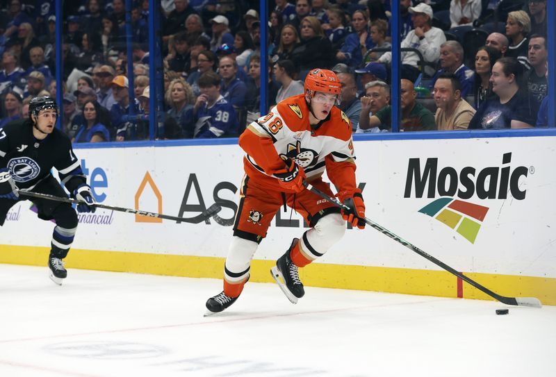 Oct 25, 2025; Tampa, Florida, USA; Anaheim Ducks defenseman Pavel Mintyukov (98) skates with the puck during the first period at Benchmark International Arena. Mandatory Credit: Kim Klement Neitzel-Imagn Images