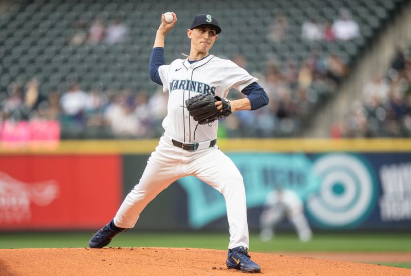 May 13, 2024; Seattle, Washington, USA; Seattle Mariners starter George Kirby (68) delivers a pitch during the first inning against the Kansas City Royals at T-Mobile Park. Mandatory Credit: Stephen Brashear-USA TODAY Sports