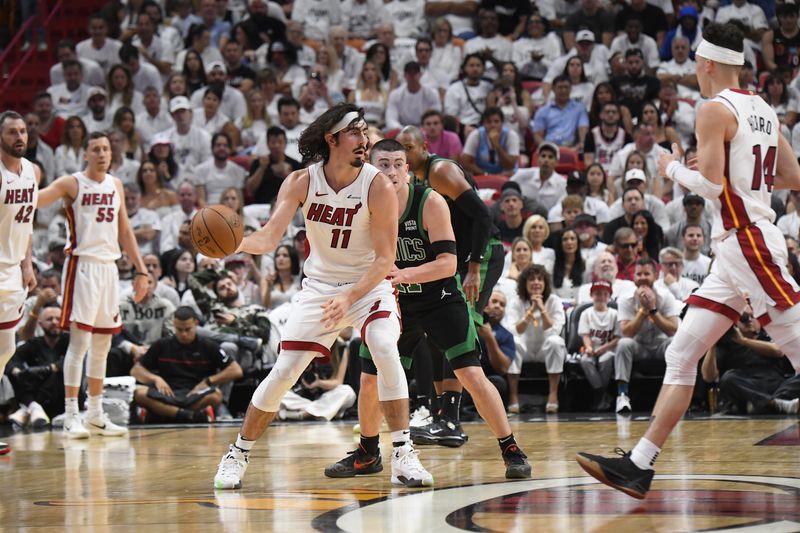 MIAMI, FL - APRIL 27: Jaime Jaquez Jr. #11 of the Miami Heat dribbles the ball during the game against the Boston Celtics during Round 1 Game 3 of the 2024 NBA Playoffs on April 27, 2024 at Kaseya Center in Miami, Florida. NOTE TO USER: User expressly acknowledges and agrees that, by downloading and or using this Photograph, user is consenting to the terms and conditions of the Getty Images License Agreement. Mandatory Copyright Notice: Copyright 2024 NBAE (Photo by Brian Babineau/NBAE via Getty Images)