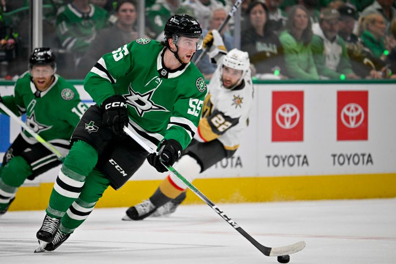 May 5, 2024; Dallas, Texas, USA; Dallas Stars defenseman Thomas Harley (55) skates against the Vegas Golden Knights during the first period in game seven of the first round of the 2024 Stanley Cup Playoffs at American Airlines Center. Mandatory Credit: Jerome Miron-USA TODAY Sports