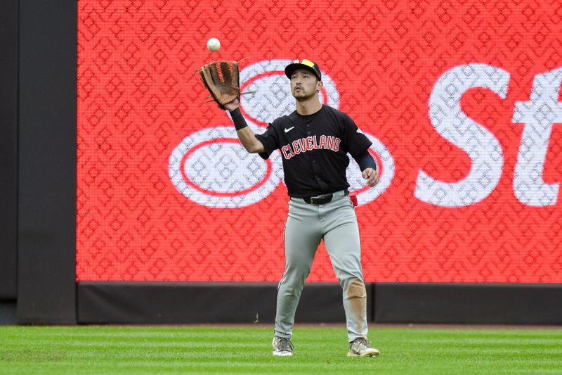 Aug 22, 2024; Bronx, New York, USA; Cleveland Guardians outfielder Steven Kwan (38) catches a fly ball for an out against the New York Yankees during the eighth inning at Yankee Stadium. Mandatory Credit: John Jones-USA TODAY Sports