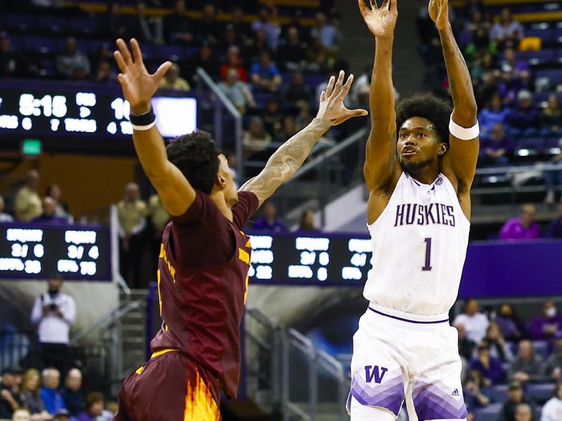 Jan 26, 2023; Seattle, Washington, USA; Washington Huskies forward Keion Brooks (1) shoots against the Arizona State Sun Devils during the first half at Alaska Airlines Arena at Hec Edmundson Pavilion. Mandatory Credit: Joe Nicholson-USA TODAY Sports