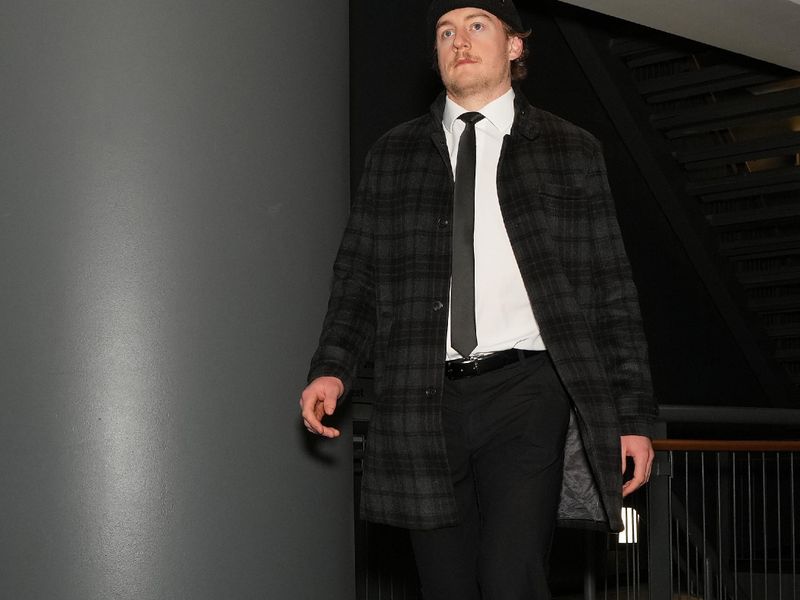 Mar 6, 2024; Toronto, Ontario, CAN; Toronto Maple Leafs center Bobby McMann (74) arrives at the Scotiabank Arena before a game against the Buffalo Sabres. Mandatory Credit: Nick Turchiaro-USA TODAY Sports