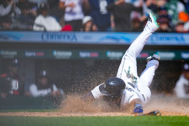 Apr 20, 2025; Detroit, Michigan, USA; Detroit Tigers second baseman Gleyber Torres (25) scores a run against the Kansas City Royals in the seventh inning at Comerica Park. Mandatory Credit: Aaron Doster-Imagn Images