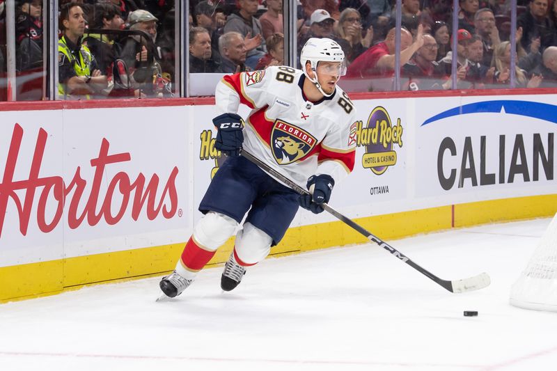 Oct 10, 2024; Ottawa, Ontario, CAN; Florida Panthers defenseman Nate Schmidt (88) skates with the puck in the first period against the Ottawa Senators at the Canadian Tire Centre. Mandatory Credit: Marc DesRosiers-Imagn Images