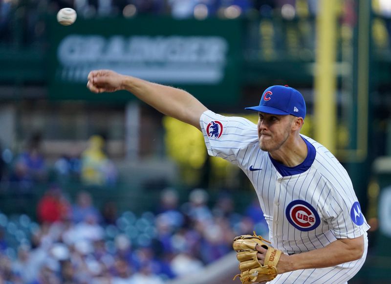 Apr 27, 2025; Chicago, Illinois, USA; Chicago Cubs pitcher Jameson Taillon (50) throws the ball against the Philadelphia Phillies during the first inning at Wrigley Field. Mandatory Credit: David Banks-Imagn Images