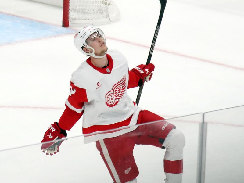 Nov 13, 2024; Pittsburgh, Pennsylvania, USA;  Detroit Red Wings defenseman Simon Edvinsson (77) reacts after scoring the game winning goal in overtime against the Pittsburgh Penguins at PPG Paints Arena. Mandatory Credit: Charles LeClaire-Imagn Images