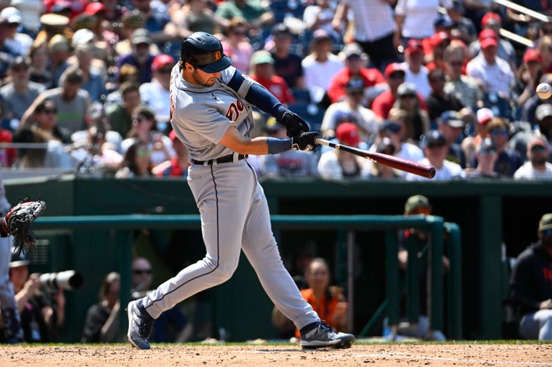 May 21, 2023; Washington, District of Columbia, USA; Detroit Tigers right fielder Matt Vierling (8) hits a single against the Washington Nationals during the sixth inning at Nationals Park. Mandatory Credit: Brad Mills-USA TODAY Sports