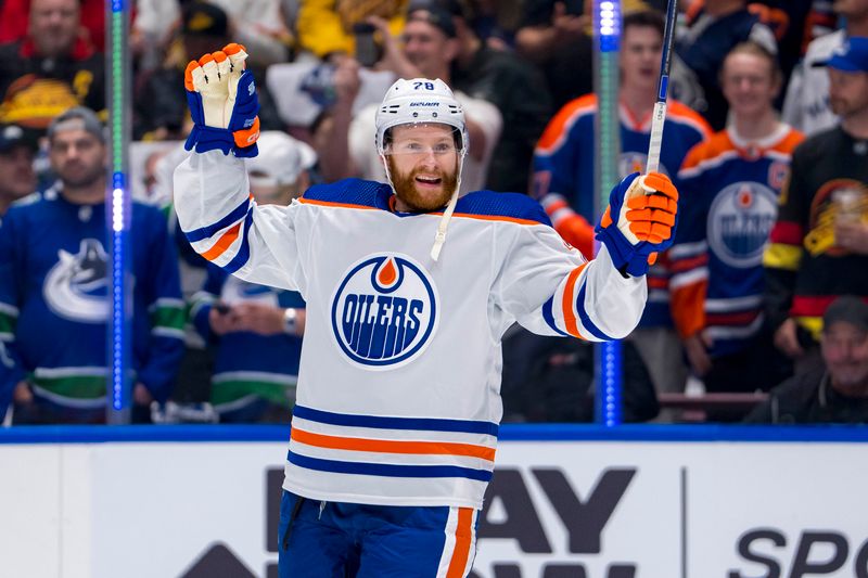 May 16, 2024; Vancouver, British Columbia, CAN; Edmonton Oilers forward Connor Brown (28) smiles in warm up prior to game five of the second round of the 2024 Stanley Cup Playoffs against the Vancouver Canucks at Rogers Arena. Mandatory Credit: Bob Frid-USA TODAY Sports