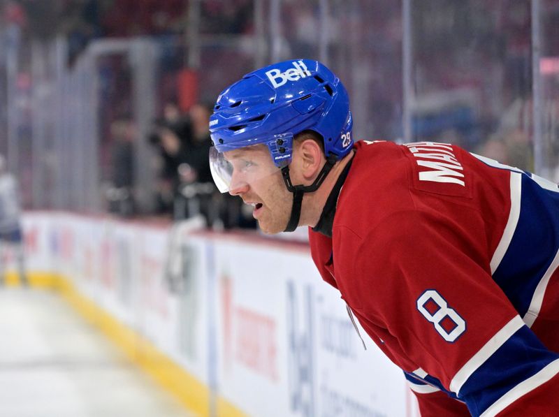 Mar 10, 2026; Montreal, Quebec, CAN; Montreal Canadiens defenseman Mike Matheson (8) warms up before the game against the Toronto Maple Leafs at the Bell Centre. Mandatory Credit: Eric Bolte-Imagn Images