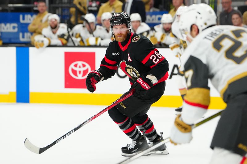 Oct 25, 2024; Las Vegas, Nevada, USA; Ottawa Senators right wing Claude Giroux (28) skates against the Vegas Golden Knights during the first period at T-Mobile Arena. Mandatory Credit: Stephen R. Sylvanie-Imagn Images