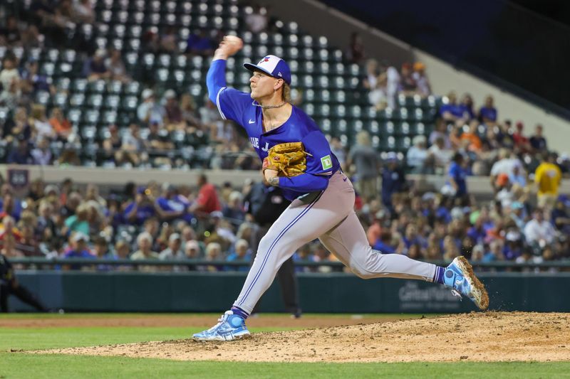 Mar 7, 2024; Lakeland, Florida, USA; Toronto Blue Jays relief pitcher Bowden Francis (44) pitches during the third inning against the Detroit Tigers at Publix Field at Joker Marchant Stadium. Mandatory Credit: Mike Watters-USA TODAY Sports