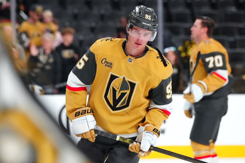 Oct 11, 2024; Las Vegas, Nevada, USA; Vegas Golden Knights right wing Victor Olofsson (95) warms up before a game against the St. Louis Blues at T-Mobile Arena. Mandatory Credit: Stephen R. Sylvanie-Imagn Images