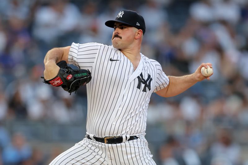 Jul 26, 2023; Bronx, New York, USA; New York Yankees starting pitcher Carlos Rodon (55) pitches against the New York Mets during the first inning at Yankee Stadium. Mandatory Credit: Brad Penner-USA TODAY Sports