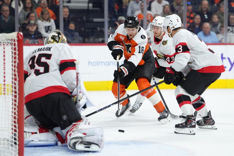 Nov 8, 2025; Philadelphia, Pennsylvania, USA; Philadelphia Flyers center Rodrigo Abols (18) shoots the puck against the Ottawa Senators in the second period at Xfinity Mobile Arena. Mandatory Credit: Kyle Ross-Imagn Images