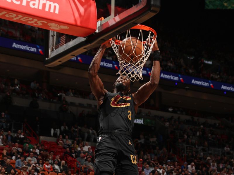 MIAMI, FL - DECEMBER 8: Caris LeVert #3 of the Cleveland Cavaliers dunks the ball during the game against the Miami Heat on December 8, 2024 at Kaseya Center in Miami, Florida. NOTE TO USER: User expressly acknowledges and agrees that, by downloading and or using this Photograph, user is consenting to the terms and conditions of the Getty Images License Agreement. Mandatory Copyright Notice: Copyright 2024 NBAE (Photo by Issac Baldizon/NBAE via Getty Images)