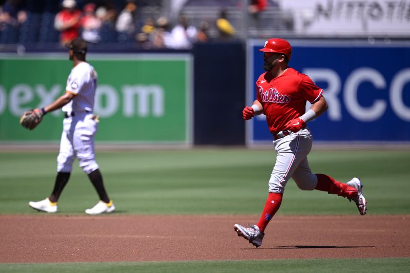 Sep 6, 2023; San Diego, California, USA; Philadelphia Phillies designated hitter Kyle Schwarber (right) rounds the bases after hitting a home run against the San Diego Padres during the first inning at Petco Park. Mandatory Credit: Orlando Ramirez-USA TODAY Sports