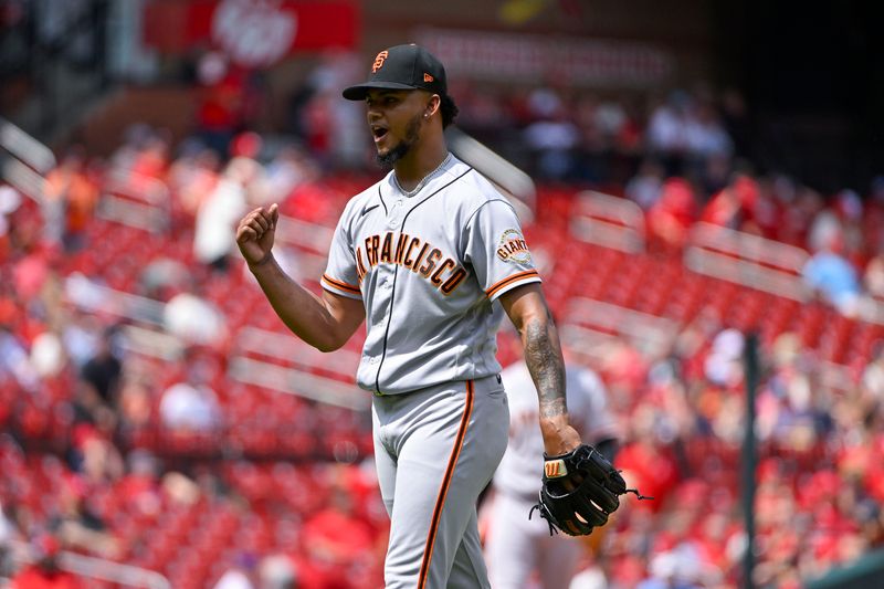 Jun 14, 2023; St. Louis, Missouri, USA;  San Francisco Giants relief pitcher Camilo Doval (75) reacts after closing out the tenth inning in a victory over the St. Louis Cardinals at Busch Stadium. Mandatory Credit: Jeff Curry-USA TODAY Sports