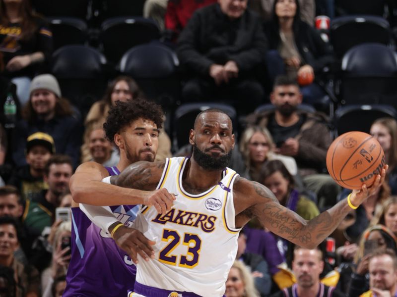 SALT LAKE CITY, UT - DECEMBER 1: LeBron James #23 of the Los Angeles Lakers handles the ball during the game against the Utah Jazz on December 1, 2024 at Delta Center in Salt Lake City, Utah. NOTE TO USER: User expressly acknowledges and agrees that, by downloading and or using this Photograph, User is consenting to the terms and conditions of the Getty Images License Agreement. Mandatory Copyright Notice: Copyright 2024 NBAE (Photo by Melissa Majchrzak/NBAE via Getty Images)