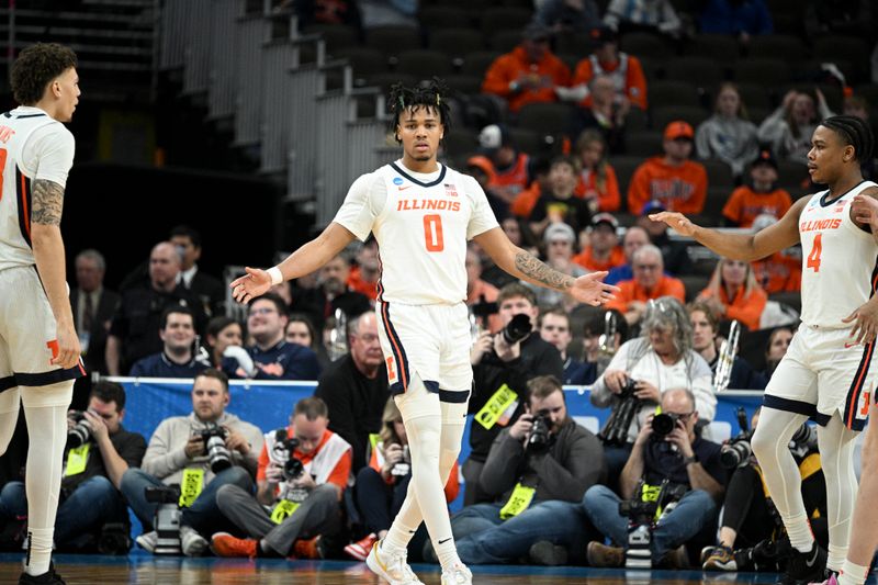 Mar 23, 2024; Omaha, NE, USA; Illinois Fighting Illini guard Terrence Shannon Jr. (0) interacts with forward Coleman Hawkins (33) and guard Justin Harmon (4) during the second half in the second round of the 2024 NCAA Tournament at CHI Health Center Omaha. Mandatory Credit: Steven Branscombe-USA TODAY Sports