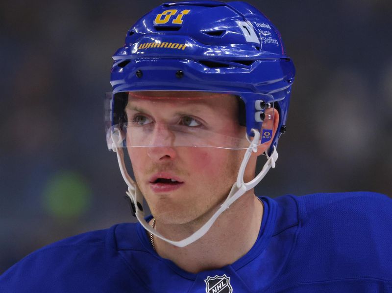 Nov 5, 2024; Buffalo, New York, USA;  Buffalo Sabres center Sam Lafferty (81) waits for the face-off during the second period against the Ottawa Senators at KeyBank Center. Mandatory Credit: Timothy T. Ludwig-Imagn Images