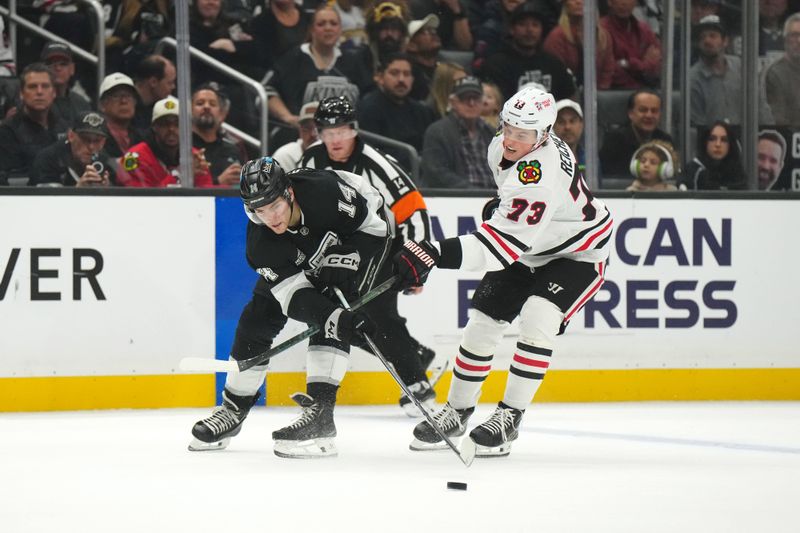 Nov 2, 2024; Los Angeles, California, USA; LA Kings right wing Alex Laferriere (14) and Chicago Blackhawks left wing Lukas Reichel (73) battle for the puck in the third period at Crypto.com Arena. Mandatory Credit: Kirby Lee-Imagn Images