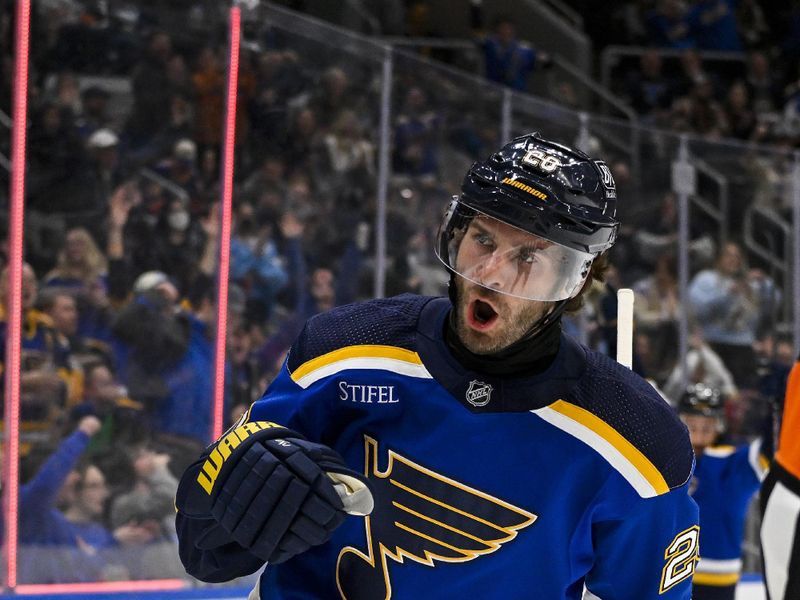 Feb 22, 2024; St. Louis, Missouri, USA;  St. Louis Blues left wing Brandon Saad (20) reacts after scoring against the New York Islanders during the second period at Enterprise Center. Mandatory Credit: Jeff Curry-USA TODAY Sports