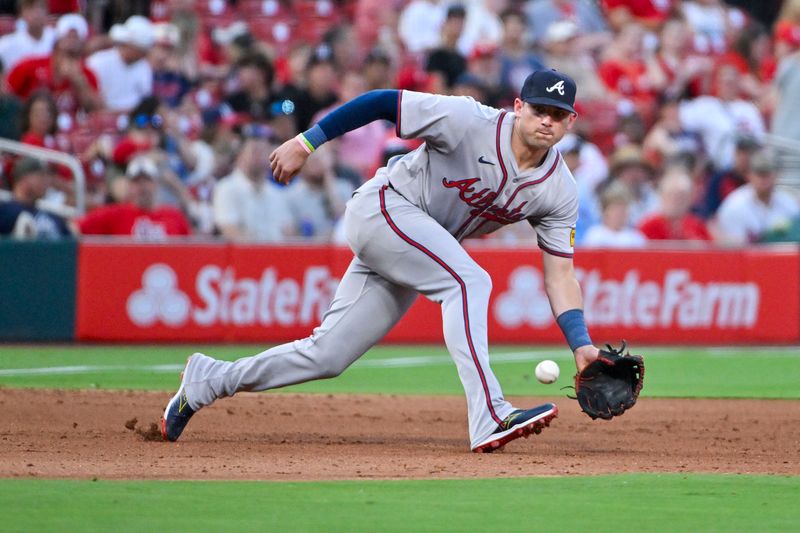 Jun 24, 2024; St. Louis, Missouri, USA;  Atlanta Braves third baseman Austin Riley (27) fields a ground ball against the St. Louis Cardinals during the fifth inning at Busch Stadium. Mandatory Credit: Jeff Curry-USA TODAY Sports