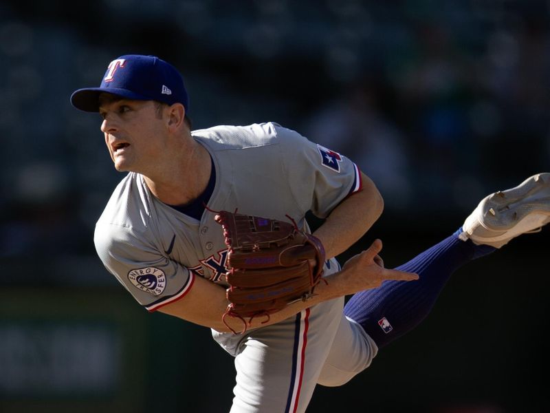 May 8, 2024; Oakland, California, USA; Texas Rangers pitcher David Robertson (37) delivers a pitch against the Oakland Athletics during the sixth inning at Oakland-Alameda County Coliseum. Mandatory Credit: D. Ross Cameron-USA TODAY Sports