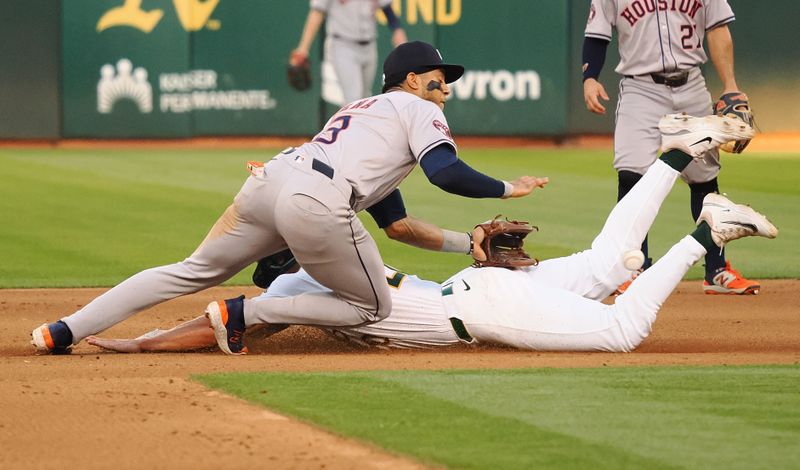 Jul 22, 2024; Oakland, California, USA; Houston Astros shortstop Jeremy Pena (3) is unable to make a play as the ball goes between the legs of Oakland Athletics second baseman Zack Gelof (20) during the fourth inning at Oakland-Alameda County Coliseum. Mandatory Credit: Kelley L Cox-USA TODAY Sports