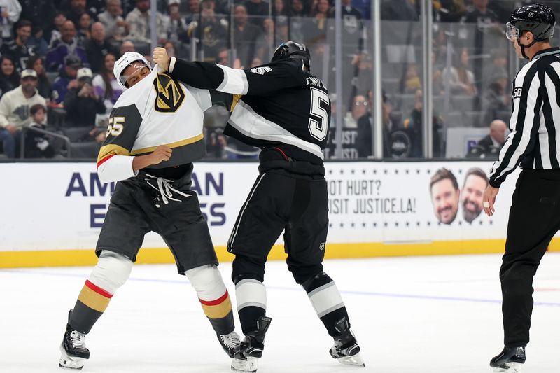 Oct 30, 2024; Los Angeles, California, USA;  Vegas Golden Knights right wing Keegan Kolesar (55) and Los Angeles Kings defenseman Andreas Englund (5) fight on the ice during the first period at Crypto.com Arena. Mandatory Credit: Kiyoshi Mio-Imagn Images