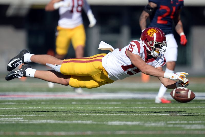 Nov 14, 2020; Tucson, Arizona, USA; USC Trojans wide receiver Drake London (15) is unable to make a diving catch against the Arizona Wildcats during the first half at Arizona Stadium. Mandatory Credit: Joe Camporeale-USA TODAY Sports