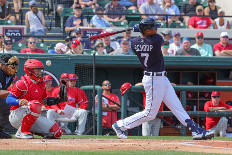 Feb 25, 2023; Lakeland, Florida, USA; Detroit Tigers second baseman Jonathan Schoop (7) at bat during the first inning against the Philadelphia Phillies at Publix Field at Joker Marchant Stadium. Mandatory Credit: Mike Watters-USA TODAY Sports