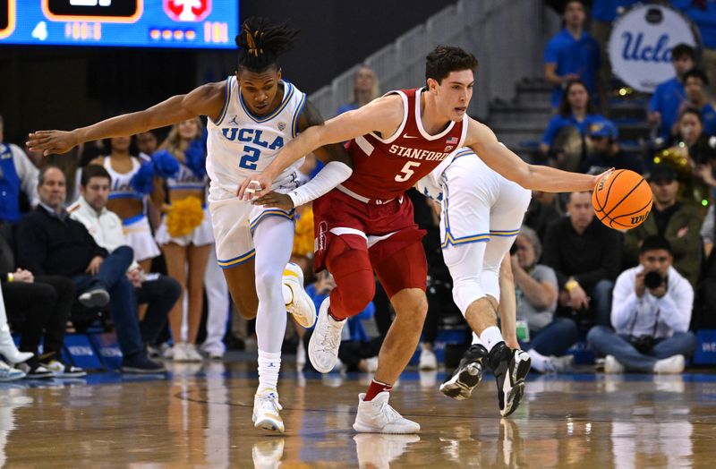 Feb 16, 2023; Los Angeles, California, USA; Stanford Cardinal guard Michael O'Connell (5) beats UCLA Bruins guard Dylan Andrews (2) to a loose ball in the first half at Pauley Pavilion presented by Wescom. Mandatory Credit: Jayne Kamin-Oncea-USA TODAY Sports