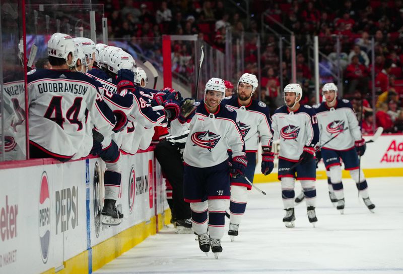 Nov 26, 2023; Raleigh, North Carolina, USA; Columbus Blue Jackets left wing Johnny Gaudreau (13) celebrates his goal against the Carolina Hurricanes during the third period at PNC Arena. Mandatory Credit: James Guillory-USA TODAY Sports