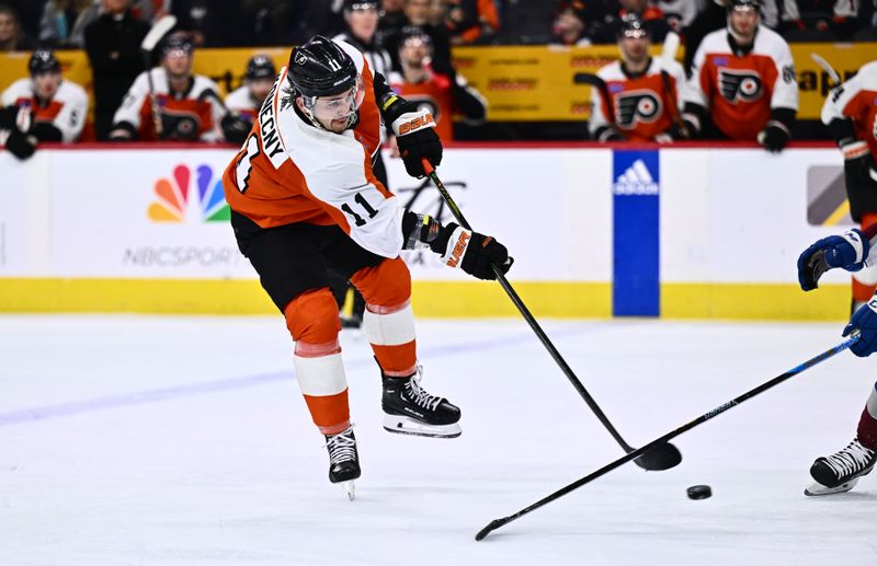 Jan 20, 2024; Philadelphia, Pennsylvania, USA; Philadelphia Flyers right wing Travis Konecny (11) scores a goal against the Colorado Avalanche in the second period at Wells Fargo Center. Mandatory Credit: Kyle Ross-USA TODAY Sports