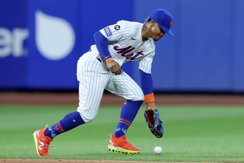 Aug 13, 2024; New York City, New York, USA; New York Mets shortstop Francisco Lindor (12) cannot field a single by Oakland Athletics third baseman Darell Hernaiz (not pictured) during the fifth inning at Citi Field. Mandatory Credit: Brad Penner-USA TODAY Sports