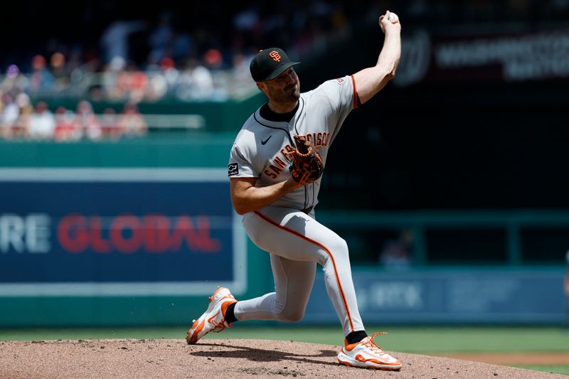 May 25, 2025; Washington, District of Columbia, USA; San Francisco Giants starting pitcher Robbie Ray (38) pitches against the Washington Nationals during the first inning at Nationals Park. Mandatory Credit: Geoff Burke-Imagn Images