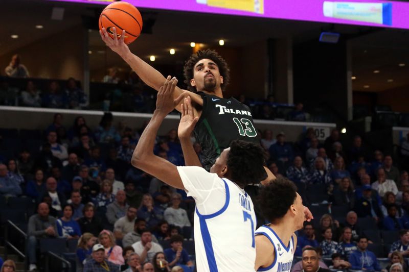 Feb 11, 2024; Memphis, Tennessee, USA; Tulane Green Wave guard Tre' Williams (13) shoots during the second half against the Memphis Tigers at FedExForum. Mandatory Credit: Petre Thomas-USA TODAY Sports