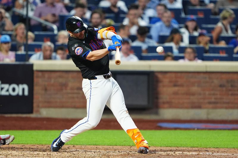 Jul 10, 2024; New York City, New York, USA; New York Mets first baseman Pete Alonso (20) hits a double against the Washington Nationals during the sixth inning at Citi Field. Mandatory Credit: Gregory Fisher-USA TODAY Sports