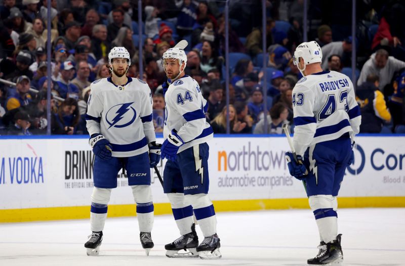 Jan 20, 2024; Buffalo, New York, USA;  Tampa Bay Lightning defenseman Calvin de Haan (44) celebrates his empty net goal with teammates during the third period against the Buffalo Sabres at KeyBank Center. Mandatory Credit: Timothy T. Ludwig-USA TODAY Sports